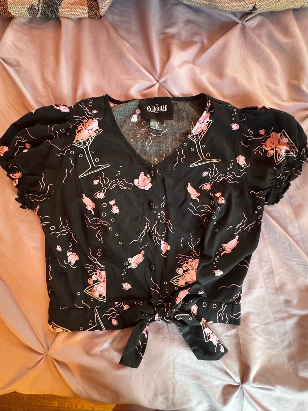 Collectif Black and Pink Elephant Crop with Tie Front